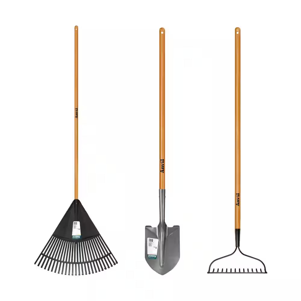 3-Piece Wood Handle Garden Essentials Tool Set (Poly Leaf Rake, Digging Shovel and Bow Rake)