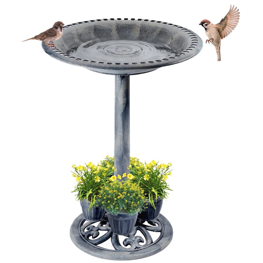 Bird Bath with 4 Planters 28" Height Pedestal Antique Outdoor Garden Decor Vintage Yard Art (Gray)