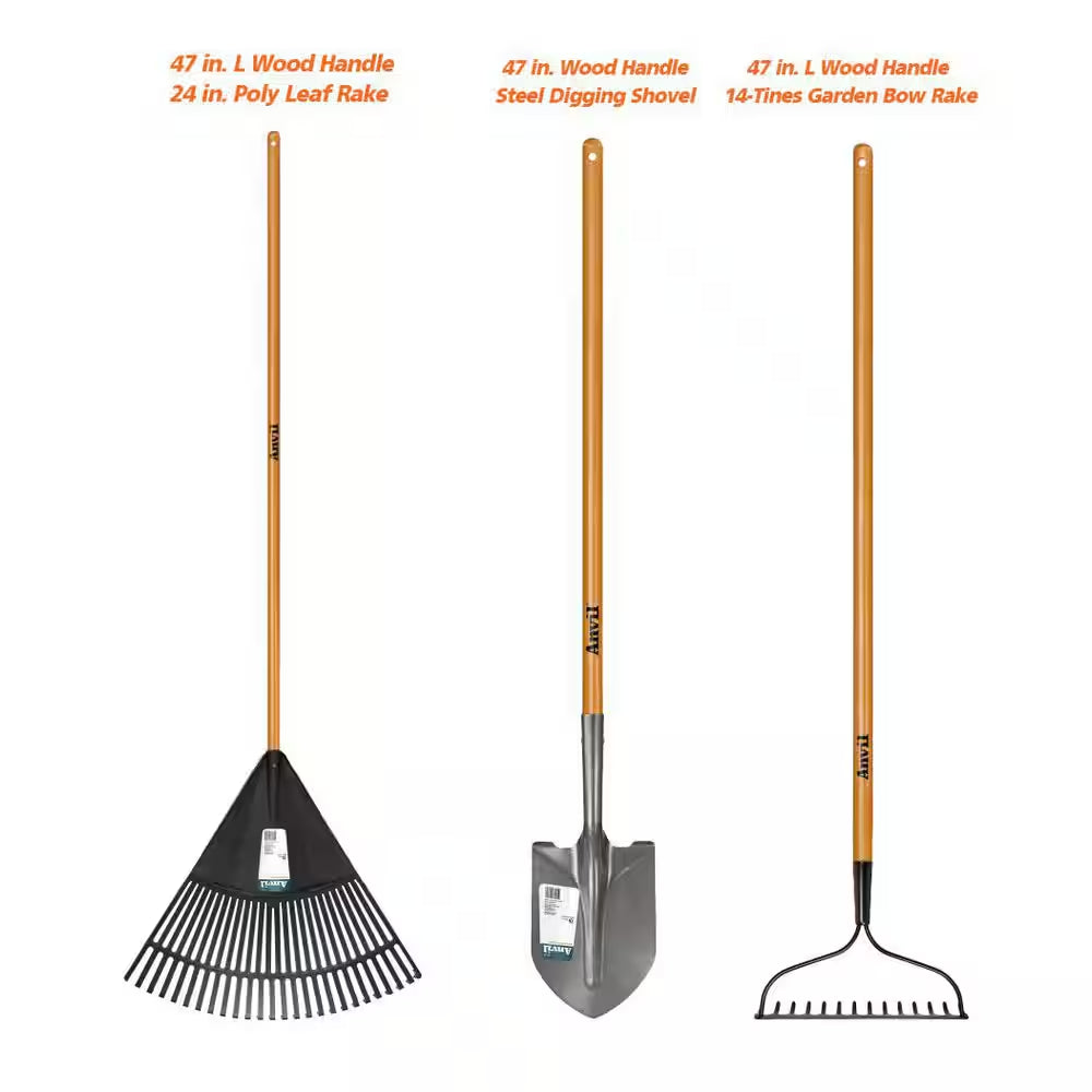 3-Piece Wood Handle Garden Essentials Tool Set (Poly Leaf Rake, Digging Shovel and Bow Rake)