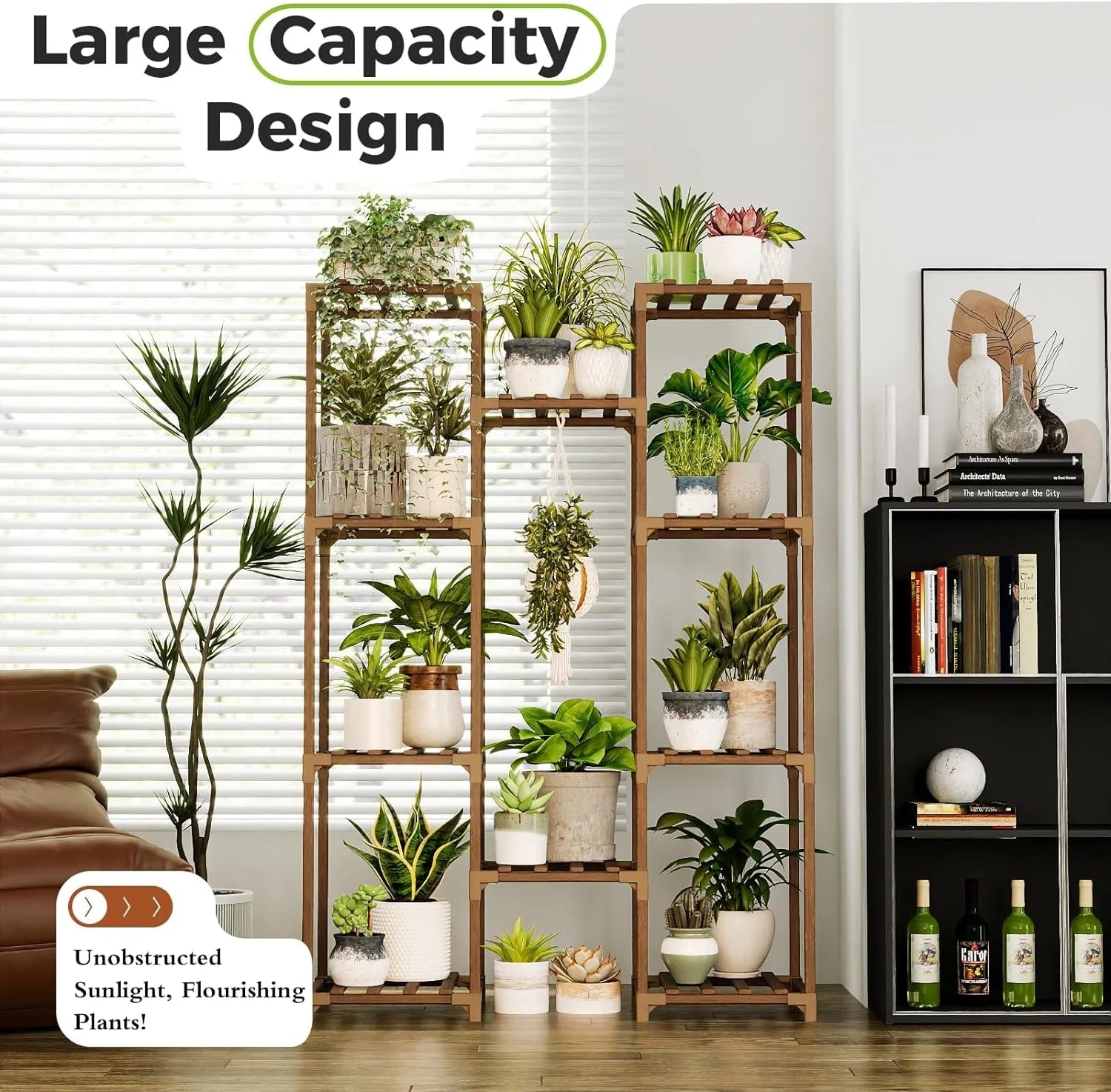 Plant Stand Indoor Outdoor Hanging Plant Shelf ,Wood Flower Stand Tall Large Flower Holder for Living Room, Patio, Balcony, Brown